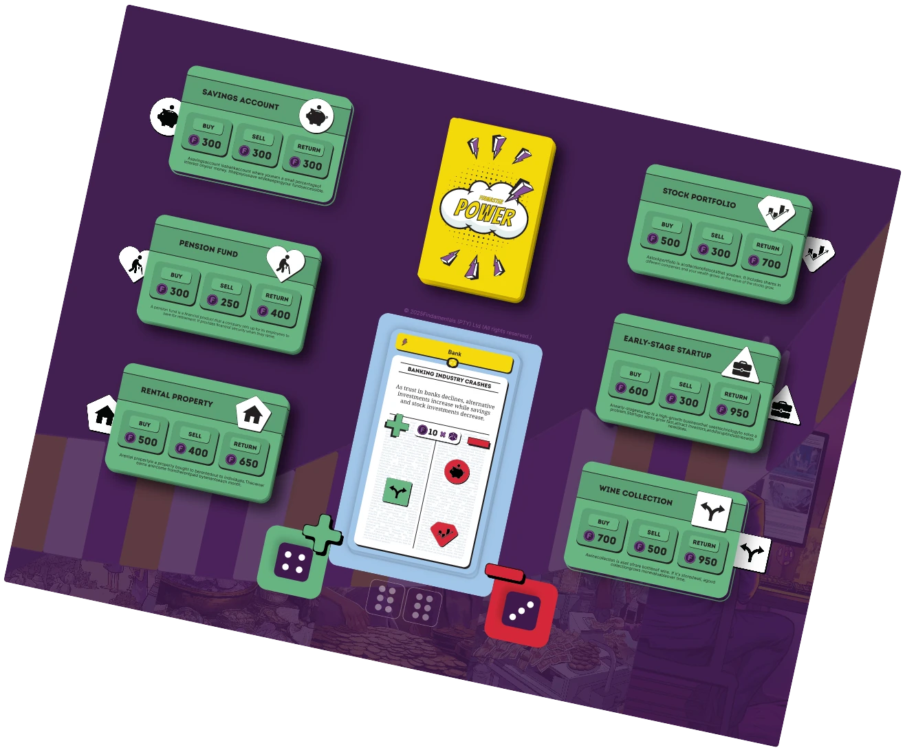 The FinMaster game board with cards and dice